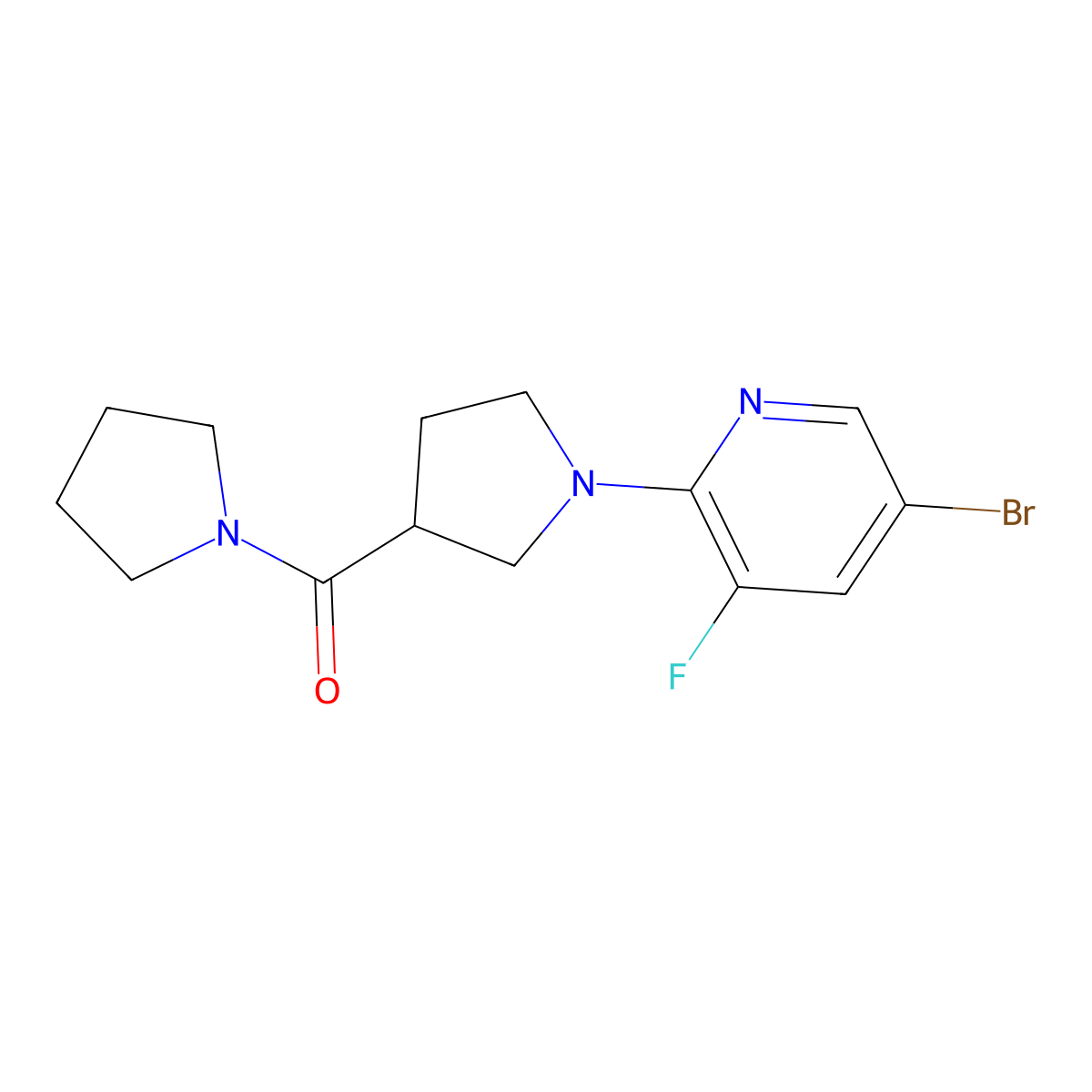 5-Bromo-3-fluoro-2-[3-(pyrrolidine-1-carbonyl)pyrrolidin-1-yl]pyridine molecular structure, CAS 2877663-49-3