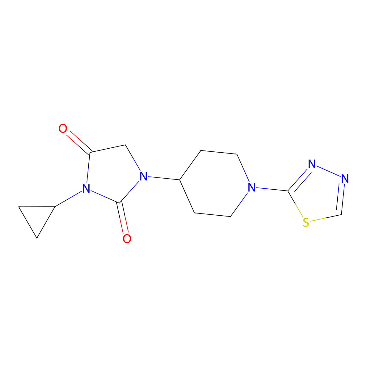 3-Cyclopropyl-1-[1-(1,3,4-thiadiazol-2-yl)piperidin-4-yl]imidazolidine-2,4-dione molecular structure, CAS 2877663-50-6