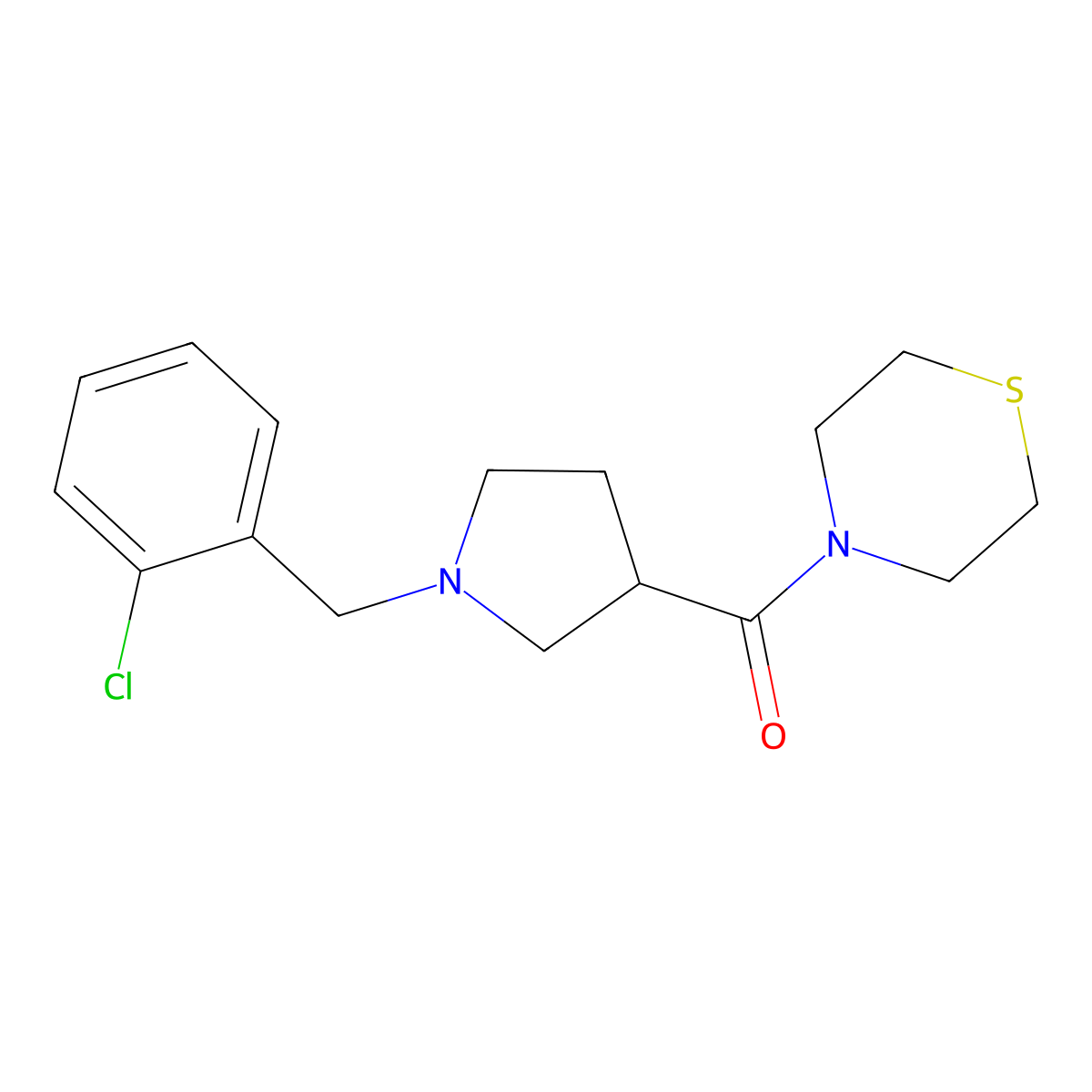 4-{1-[(2-Chlorophenyl)methyl]pyrrolidine-3-carbonyl}thiomorpholine molecular structure, CAS 2877663-53-9