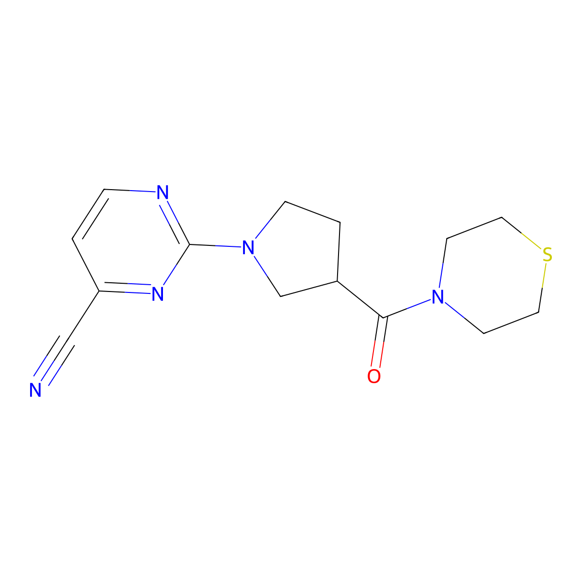 2-[3-(Thiomorpholine-4-carbonyl)pyrrolidin-1-yl]pyrimidine-4-carbonitrile molecular structure, CAS 2877663-57-3