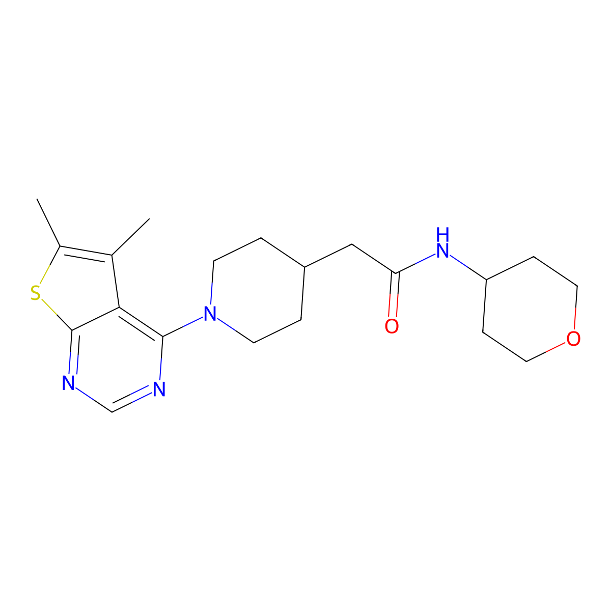 2-(1-{5,6-dimethylthieno[2,3-d]pyrimidin-4-yl}piperidin-4-yl)-N-(oxan-4-yl)acetamide molecular structure, CAS 2877663-66-4