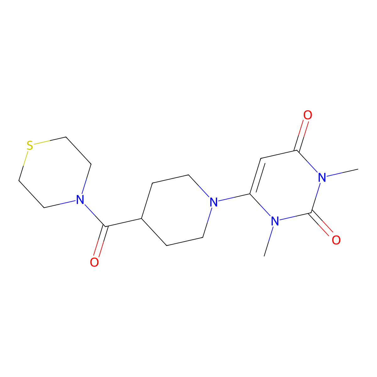 1,3-Dimethyl-6-[4-(thiomorpholine-4-carbonyl)piperidin-1-yl]-1,2,3,4-tetrahydropyrimidine-2,4-dione molecular structure, CAS 2877663-68-6