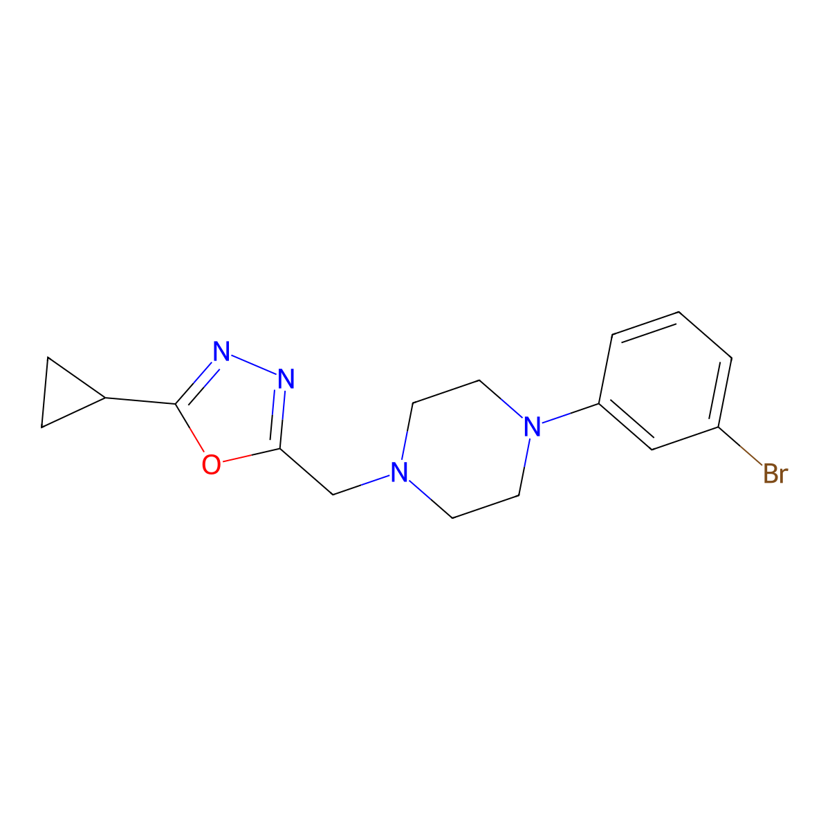 1-(3-Bromophenyl)-4-[(5-cyclopropyl-1,3,4-oxadiazol-2-yl)methyl]piperazine molecular structure, CAS 2877663-73-3