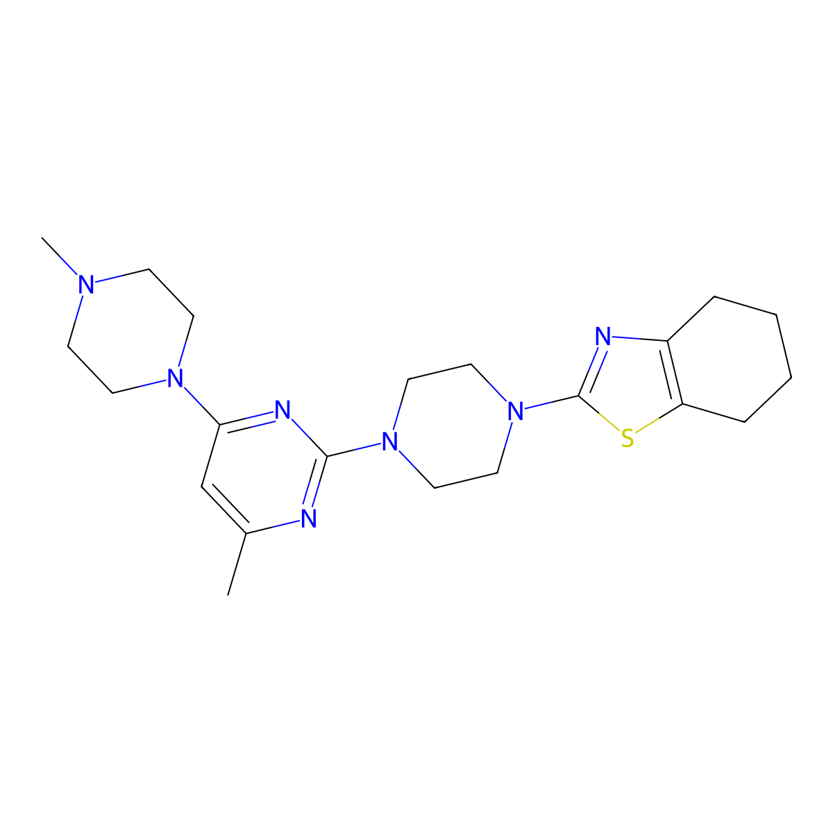 2-{4-[4-Methyl-6-(4-methylpiperazin-1-yl)pyrimidin-2-yl]piperazin-1-yl}-4,5,6,7-tetrahydro-1,3-benzothiazole molecular structure, CAS 2877663-75-5