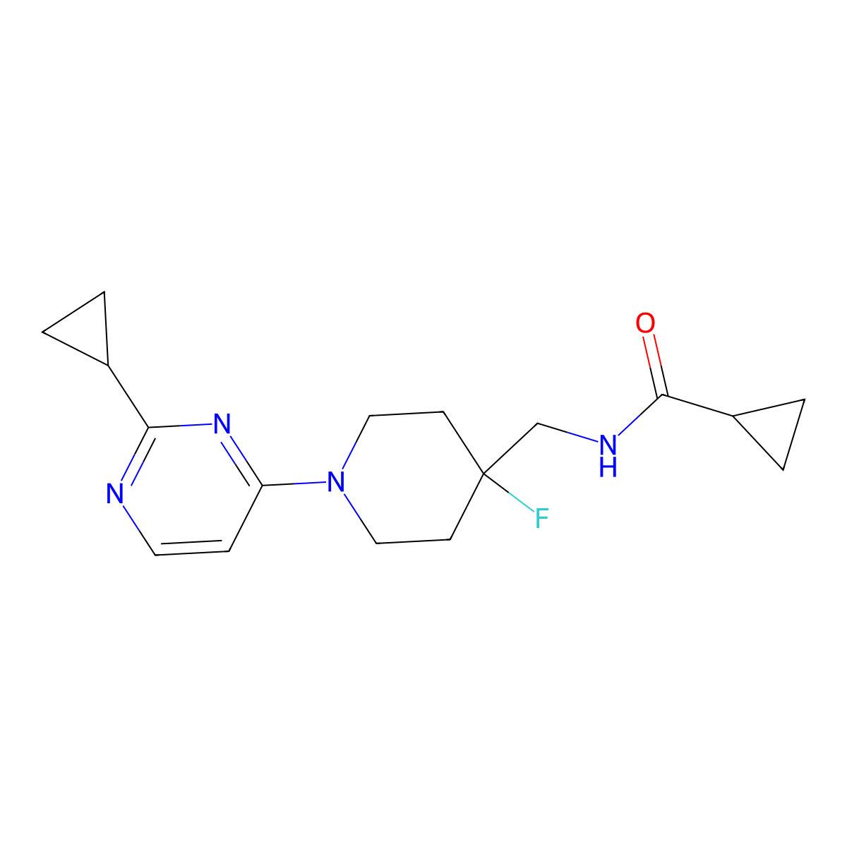 N-{[1-(2-cyclopropylpyrimidin-4-yl)-4-fluoropiperidin-4-yl]methyl}cyclopropanecarboxamide molecular structure, CAS 2877663-78-8