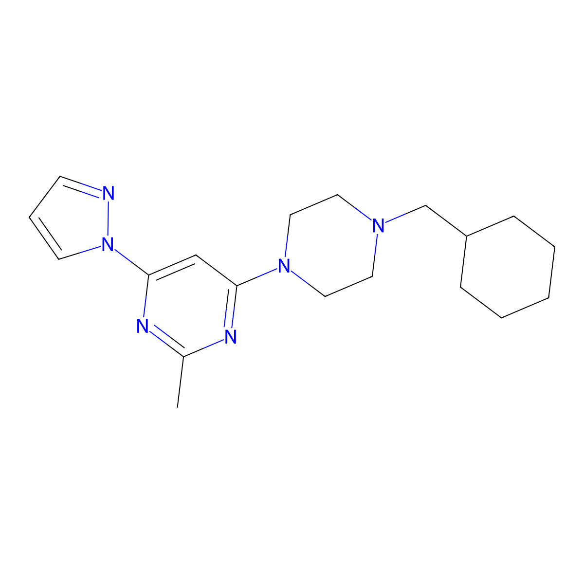 4-[4-(cyclohexylmethyl)piperazin-1-yl]-2-methyl-6-(1H-pyrazol-1-yl)pyrimidine molecular structure, CAS 2877663-80-2