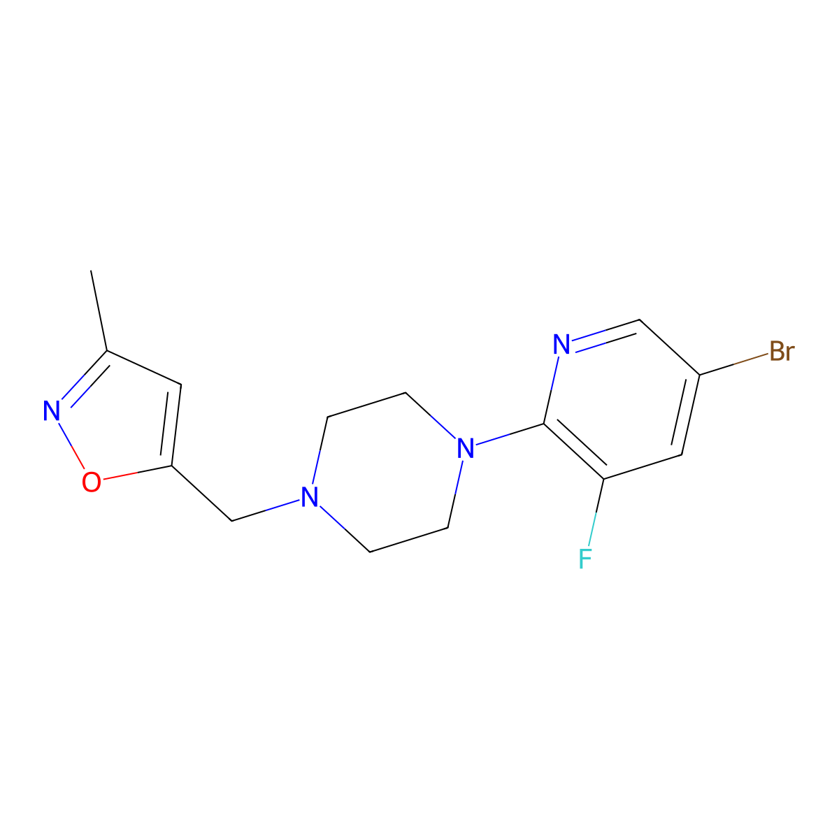 1-(5-Bromo-3-fluoropyridin-2-yl)-4-[(3-methyl-1,2-oxazol-5-yl)methyl]piperazine molecular structure, CAS 2877663-83-5