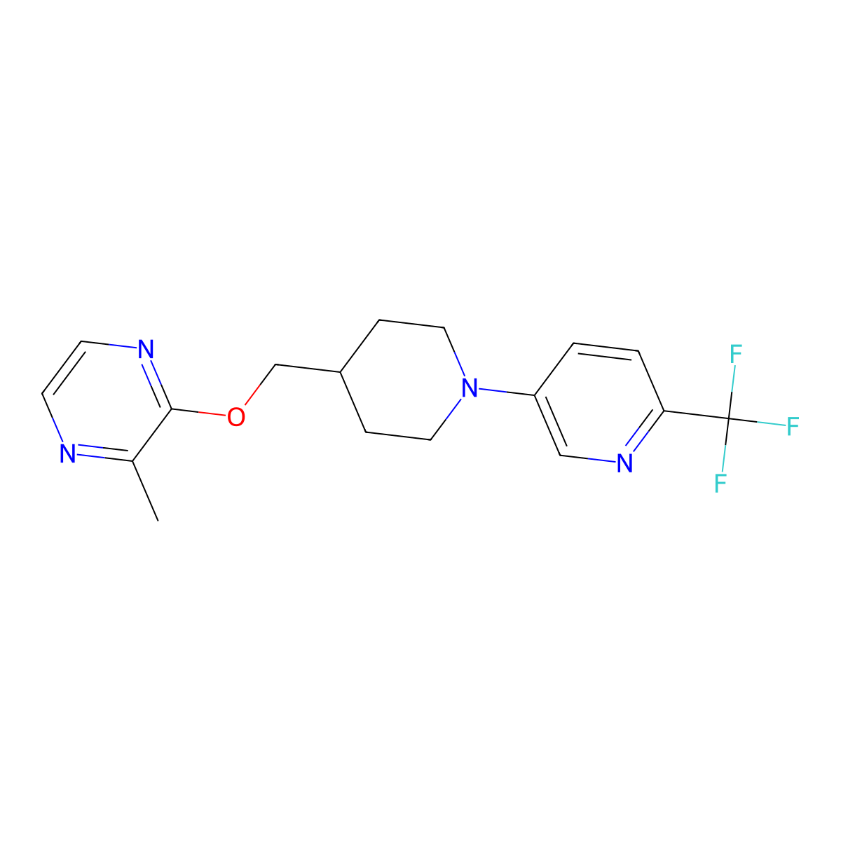 2-Methyl-3-({1-[6-(trifluoromethyl)pyridin-3-yl]piperidin-4-yl}methoxy)pyrazine molecular structure, CAS 2877663-84-6