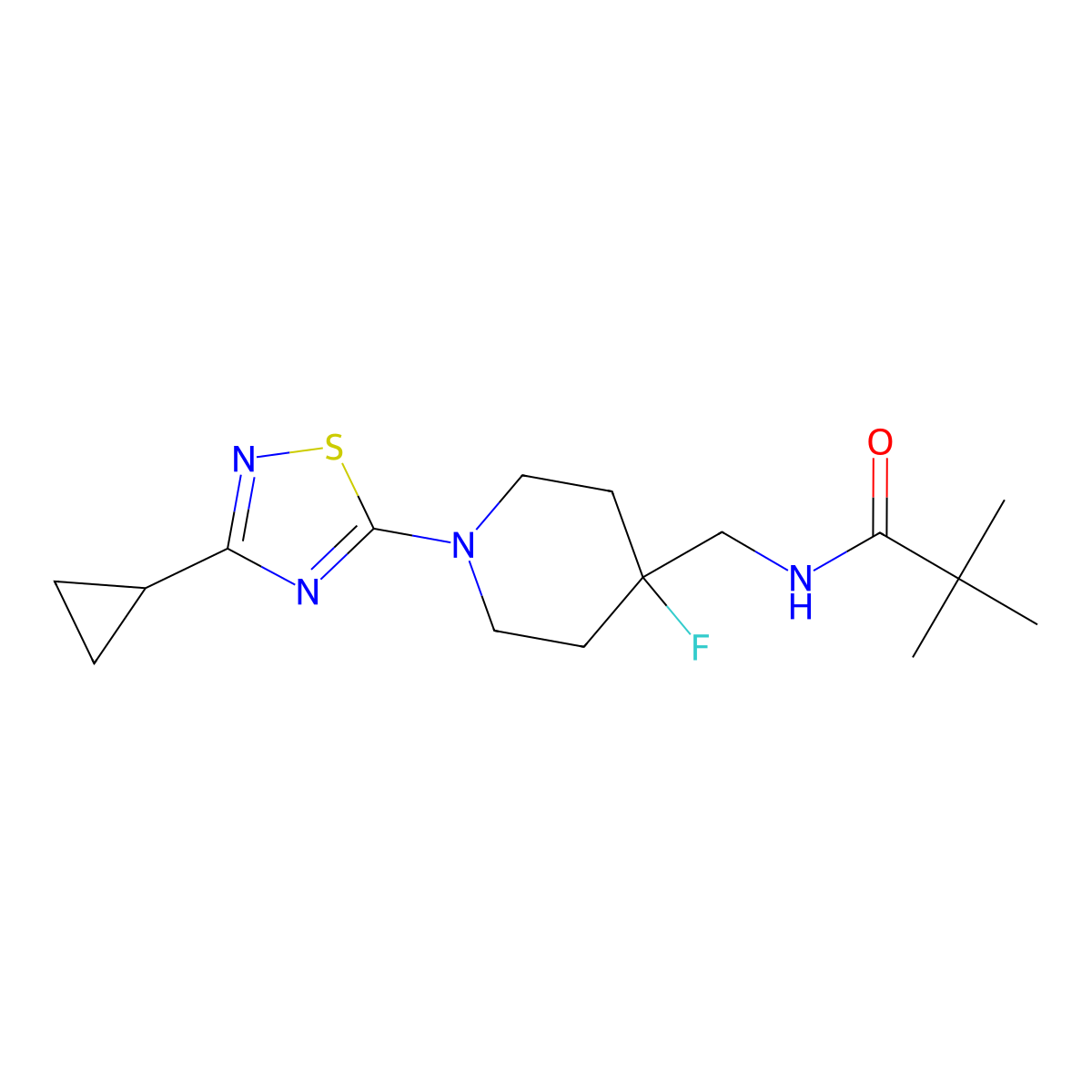 N-{[1-(3-cyclopropyl-1,2,4-thiadiazol-5-yl)-4-fluoropiperidin-4-yl]methyl}-2,2-dimethylpropanamide molecular structure, CAS 2877663-85-7