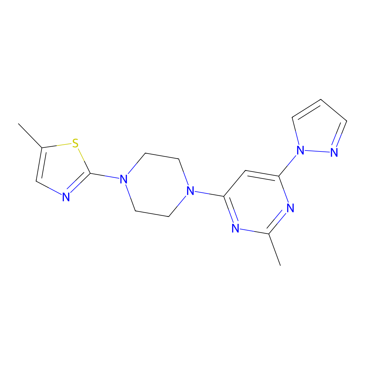2-methyl-4-[4-(5-methyl-1,3-thiazol-2-yl)piperazin-1-yl]-6-(1H-pyrazol-1-yl)pyrimidine molecular structure, CAS 2877663-87-9