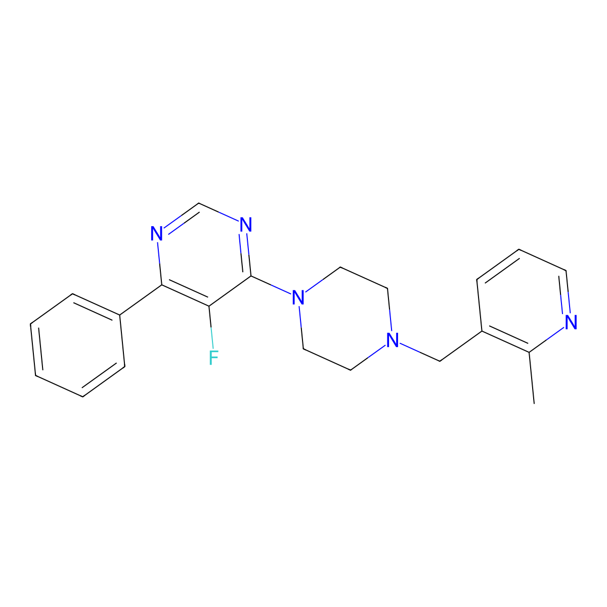 5-Fluoro-4-{4-[(2-methylpyridin-3-yl)methyl]piperazin-1-yl}-6-phenylpyrimidine molecular structure, CAS 2877663-97-1