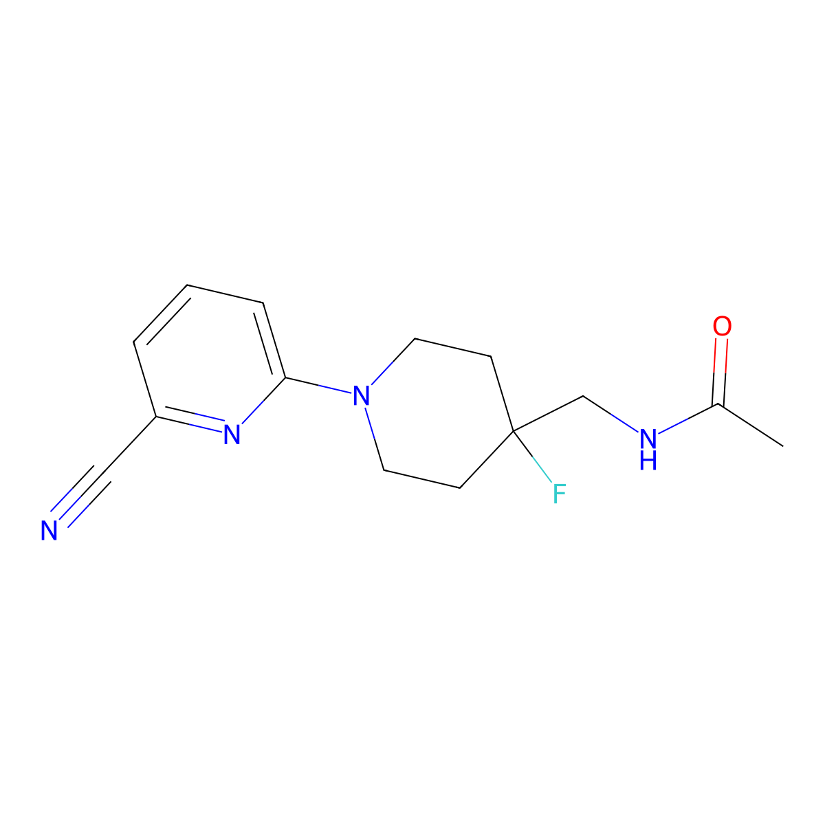 N-{[1-(6-cyanopyridin-2-yl)-4-fluoropiperidin-4-yl]methyl}acetamide molecular structure, CAS 2877664-01-0