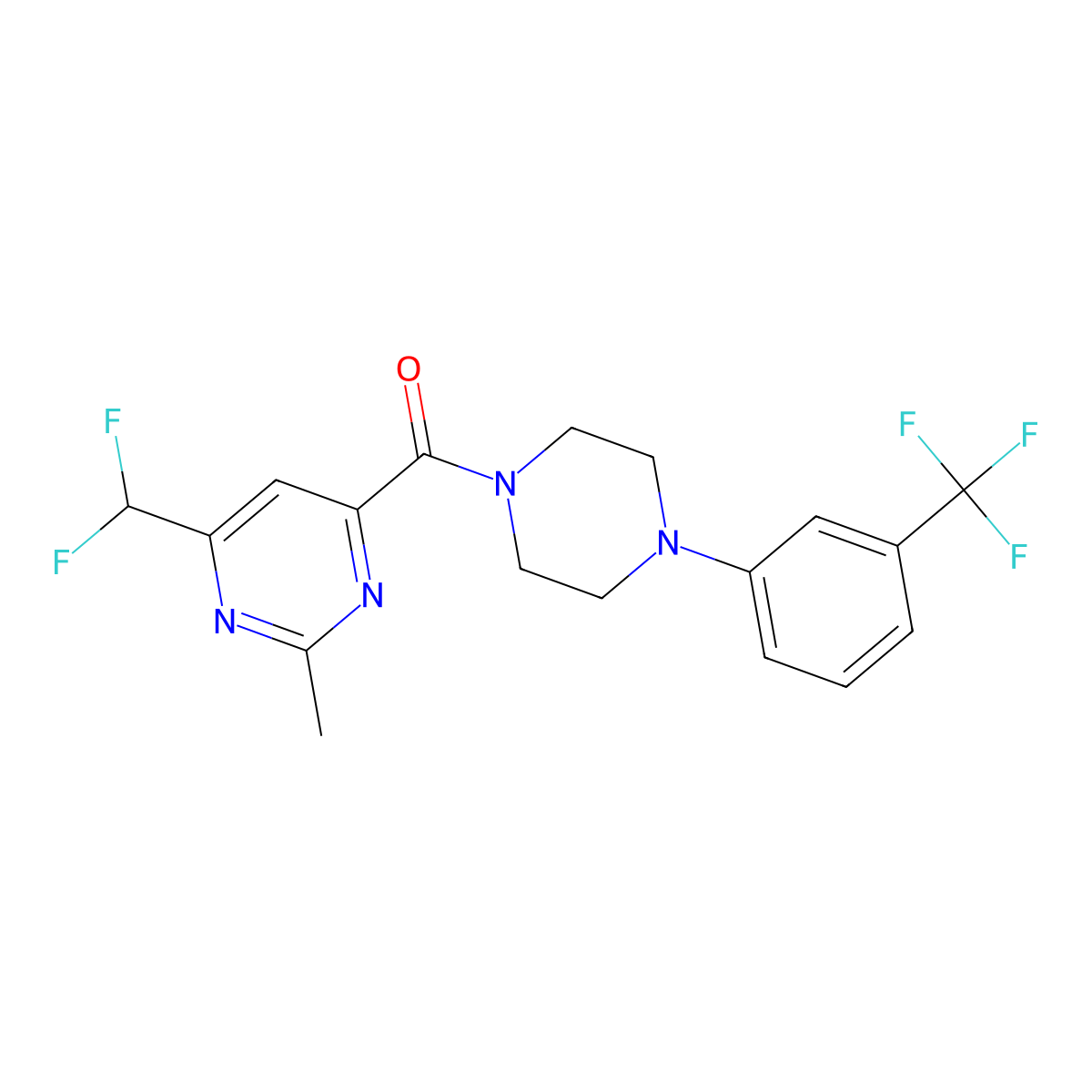 4-(Difluoromethyl)-2-methyl-6-{4-[3-(trifluoromethyl)phenyl]piperazine-1-carbonyl}pyrimidine molecular structure, CAS 2877664-16-7