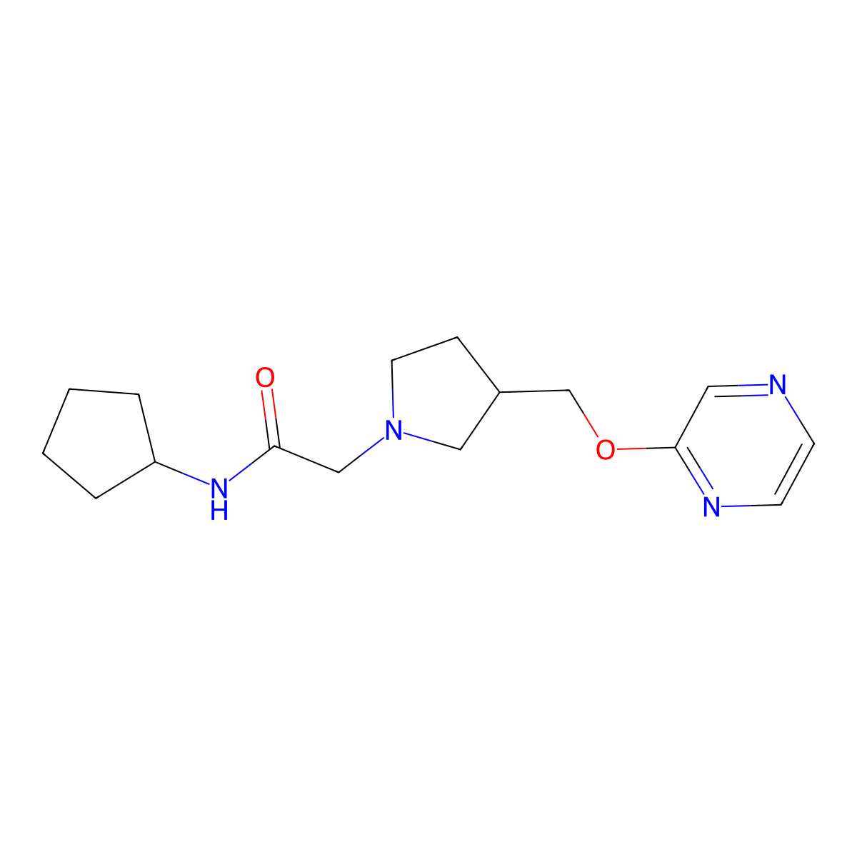 N-cyclopentyl-2-{3-[(pyrazin-2-yloxy)methyl]pyrrolidin-1-yl}acetamide molecular structure, CAS 2877664-17-8