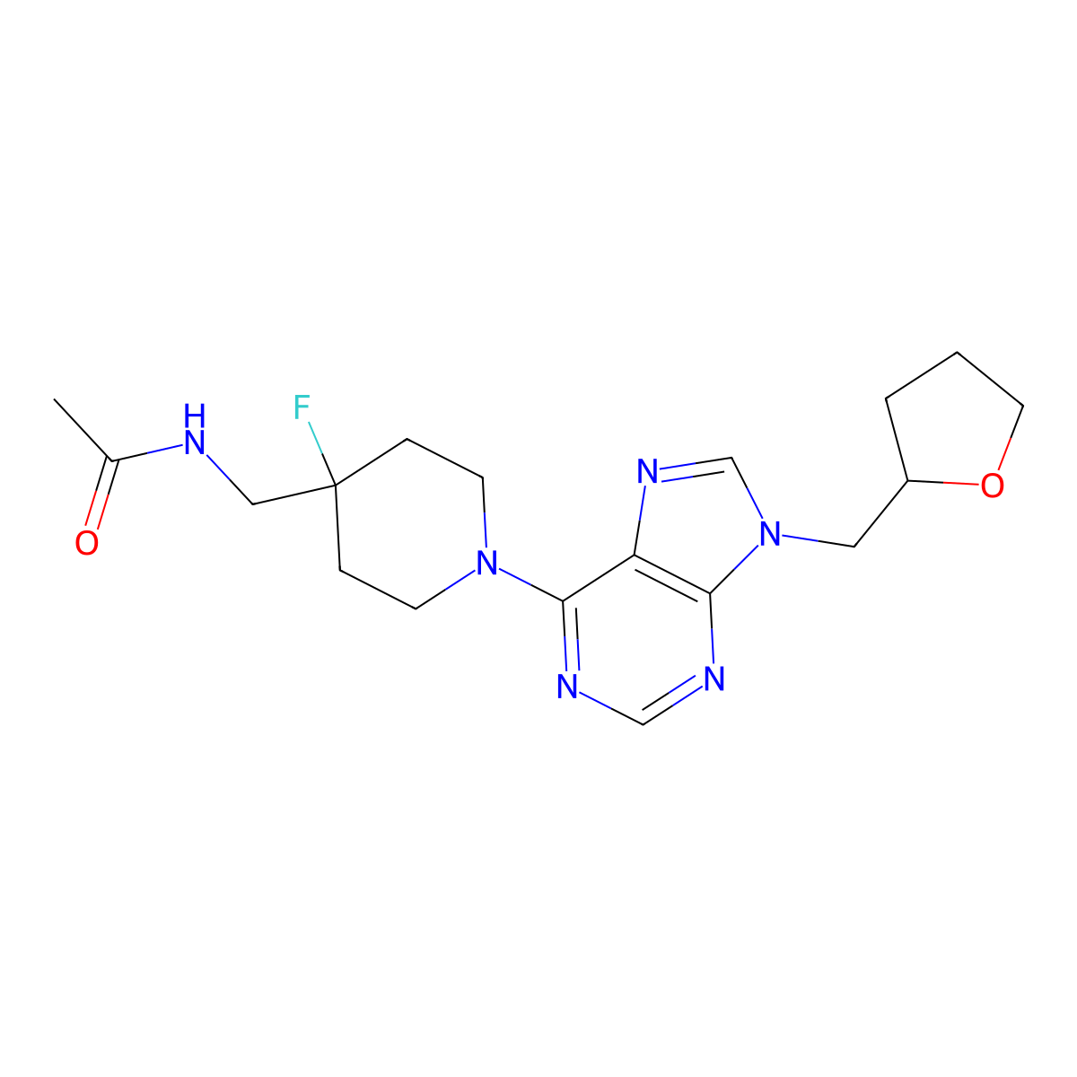 N-[(4-fluoro-1-{9-[(oxolan-2-yl)methyl]-9H-purin-6-yl}piperidin-4-yl)methyl]acetamide molecular structure, CAS 2877664-21-4