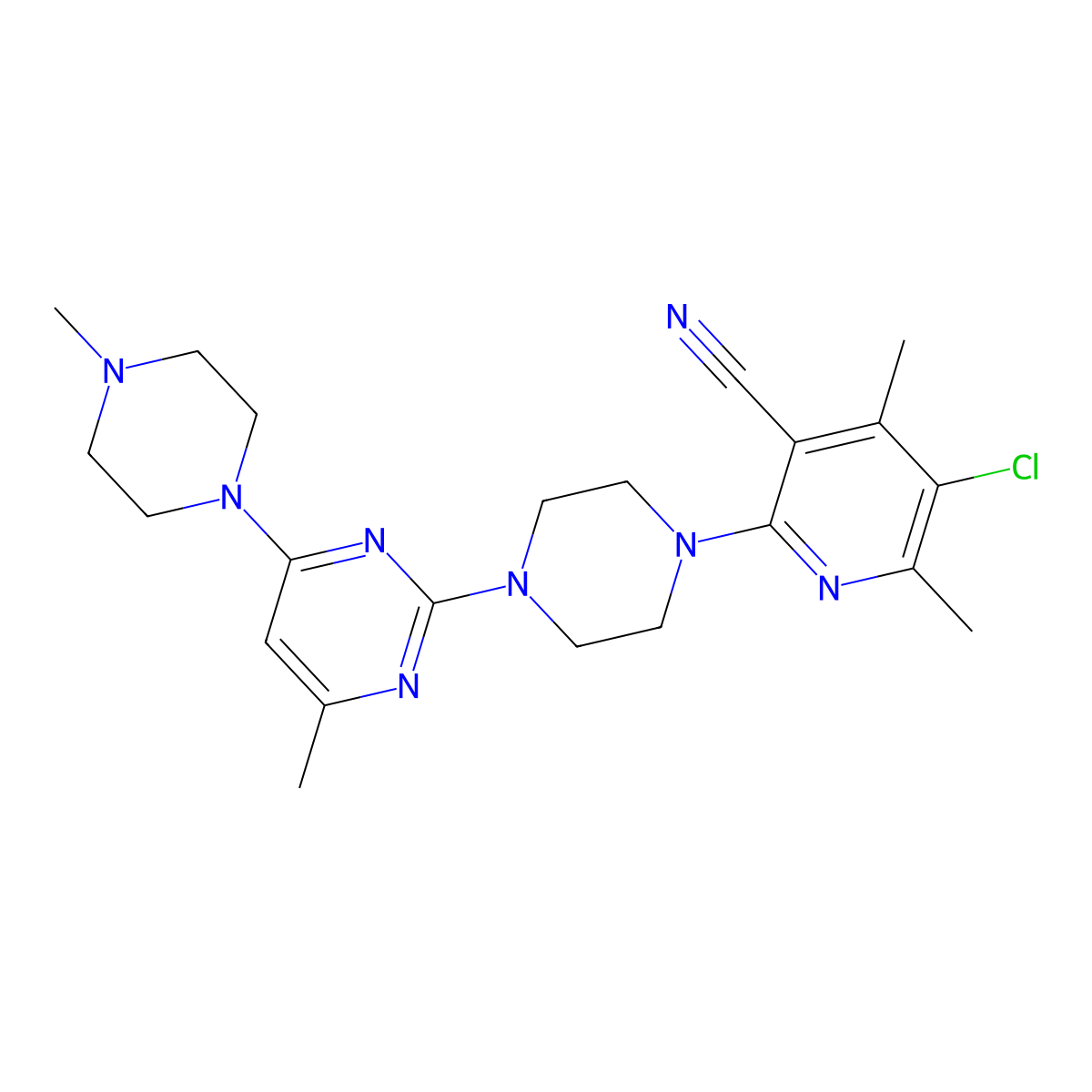 5-Chloro-4,6-dimethyl-2-{4-[4-methyl-6-(4-methylpiperazin-1-yl)pyrimidin-2-yl]piperazin-1-yl}pyridine-3-carbonitrile molecular structure, CAS 2877664-22-5