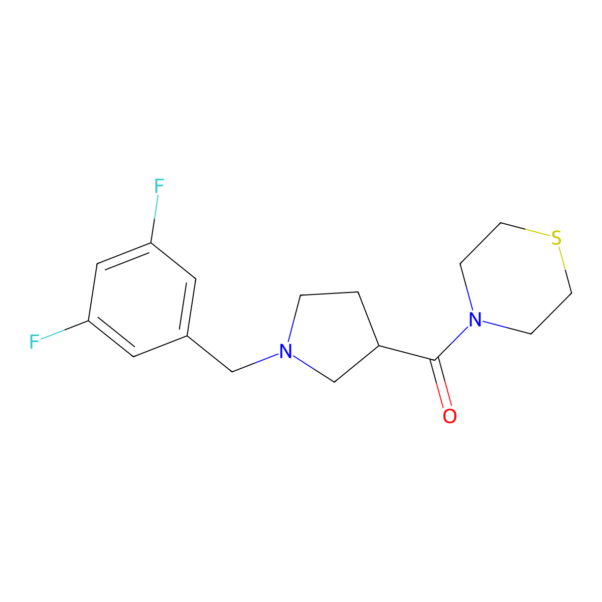4-{1-[(3,5-Difluorophenyl)methyl]pyrrolidine-3-carbonyl}thiomorpholine molecular structure, CAS 2877664-28-1