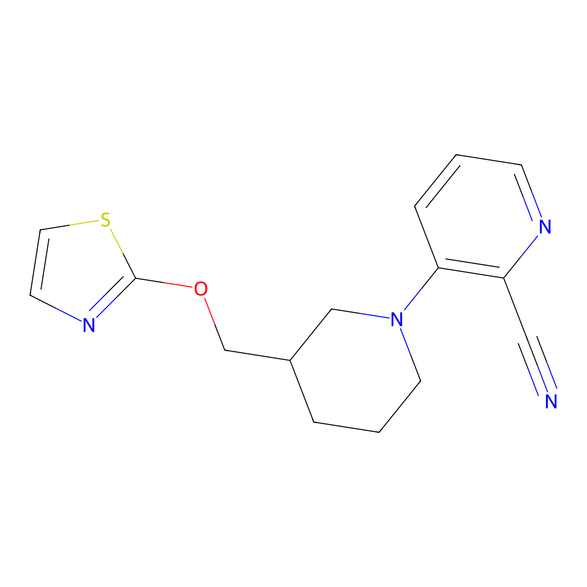 3-{3-[(1,3-Thiazol-2-yloxy)methyl]piperidin-1-yl}pyridine-2-carbonitrile molecular structure, CAS 2877664-32-7