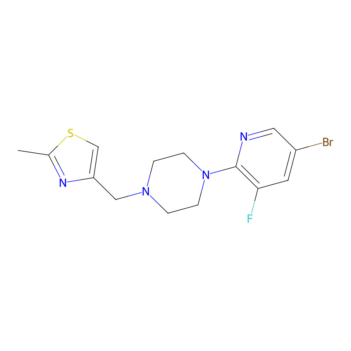 1-(5-Bromo-3-fluoropyridin-2-yl)-4-[(2-methyl-1,3-thiazol-4-yl)methyl]piperazine molecular structure, CAS 2877664-33-8