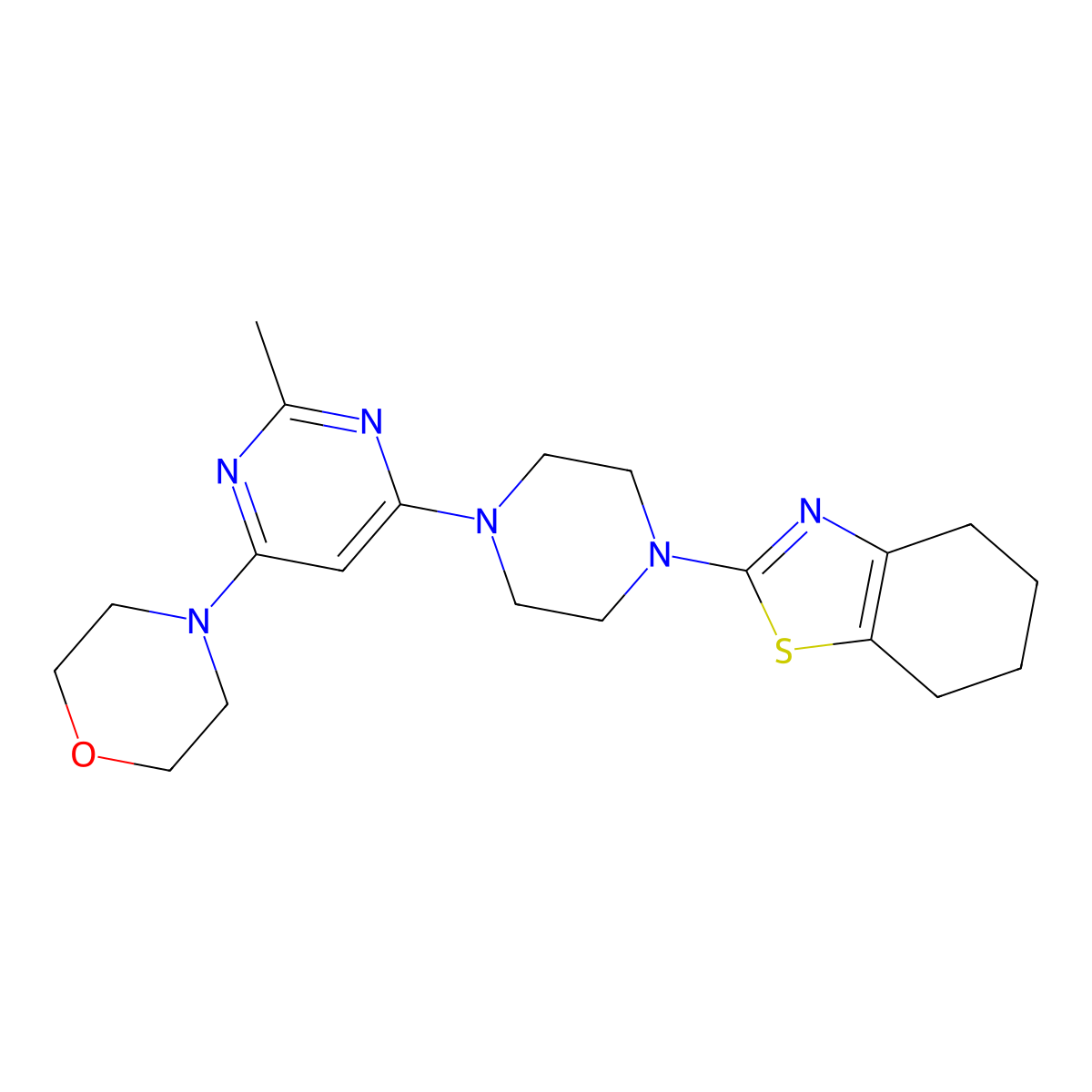 2-{4-[2-Methyl-6-(morpholin-4-yl)pyrimidin-4-yl]piperazin-1-yl}-4,5,6,7-tetrahydro-1,3-benzothiazole molecular structure, CAS 2877664-38-3