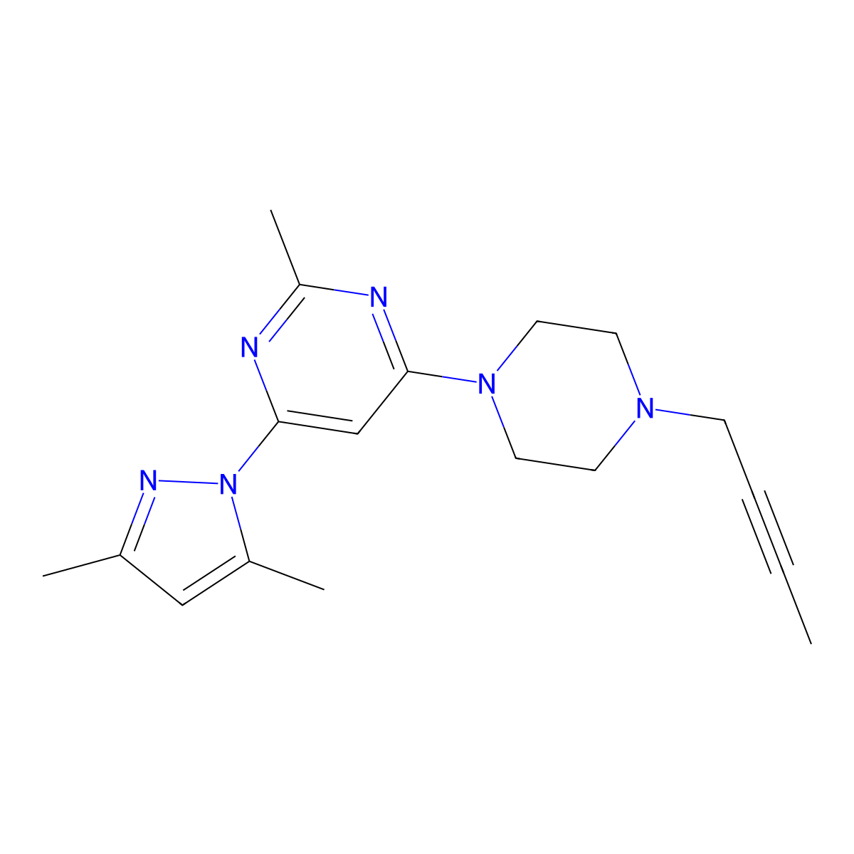 4-[4-(but-2-yn-1-yl)piperazin-1-yl]-6-(3,5-dimethyl-1H-pyrazol-1-yl)-2-methylpyrimidine molecular structure, CAS 2877664-43-0