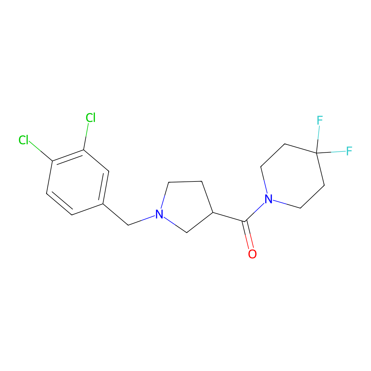 1-{1-[(3,4-Dichlorophenyl)methyl]pyrrolidine-3-carbonyl}-4,4-difluoropiperidine molecular structure, CAS 2877664-48-5
