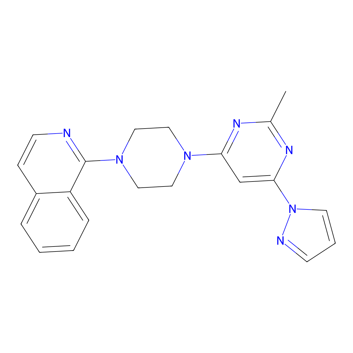 1-{4-[2-methyl-6-(1H-pyrazol-1-yl)pyrimidin-4-yl]piperazin-1-yl}isoquinoline molecular structure, CAS 2877664-50-9