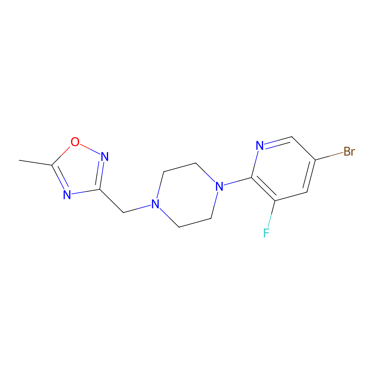 1-(5-Bromo-3-fluoropyridin-2-yl)-4-[(5-methyl-1,2,4-oxadiazol-3-yl)methyl]piperazine molecular structure, CAS 2877664-51-0