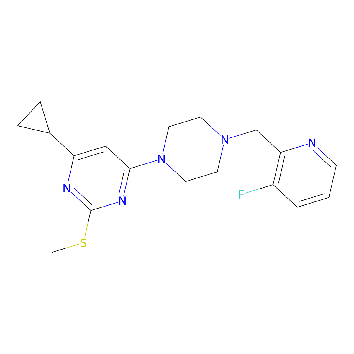 4-Cyclopropyl-6-{4-[(3-fluoropyridin-2-yl)methyl]piperazin-1-yl}-2-(methylsulfanyl)pyrimidine molecular structure, CAS 2877664-52-1
