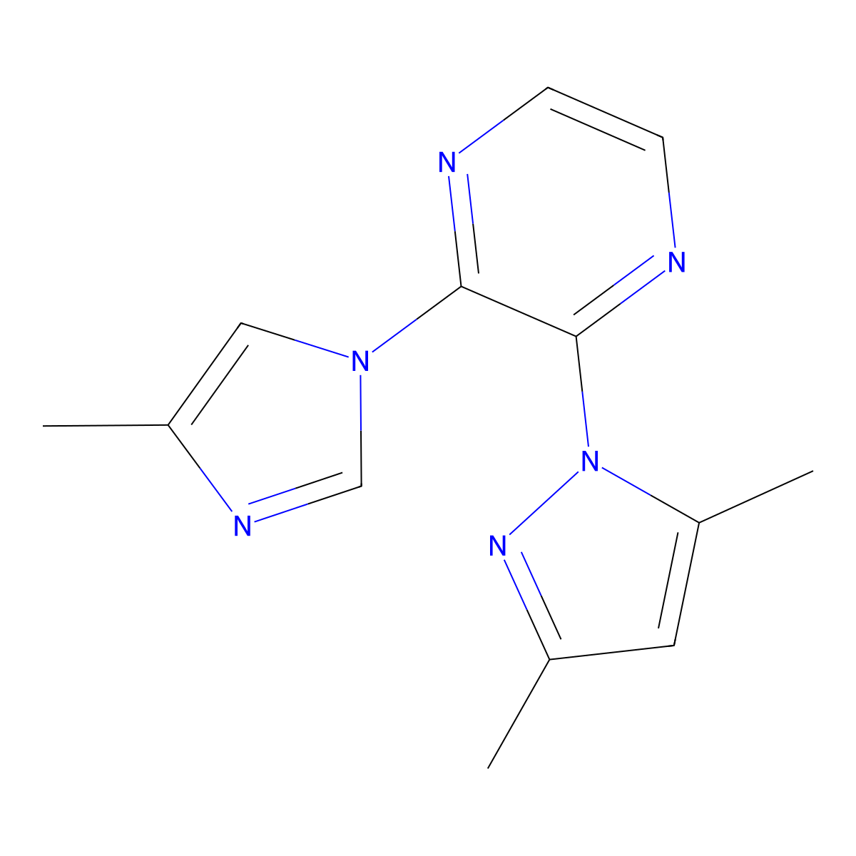 2-(3,5-dimethyl-1H-pyrazol-1-yl)-3-(4-methyl-1H-imidazol-1-yl)pyrazine molecular structure, CAS 2877664-55-4