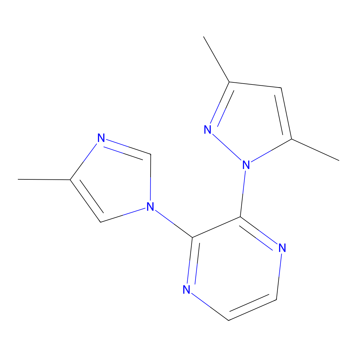 2-(3,5-dimethyl-1H-pyrazol-1-yl)-3-(4-methyl-1H-imidazol-1-yl)pyrazine molecular structure, CAS 2877664-55-4