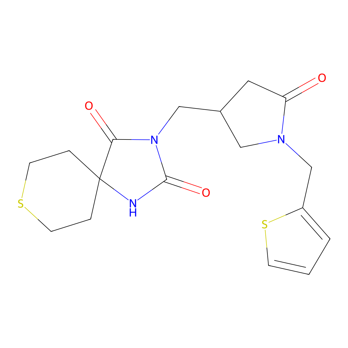 3-({5-Oxo-1-[(thiophen-2-yl)methyl]pyrrolidin-3-yl}methyl)-8-thia-1,3-diazaspiro[4.5]decane-2,4-dione molecular structure, CAS 2877664-81-6