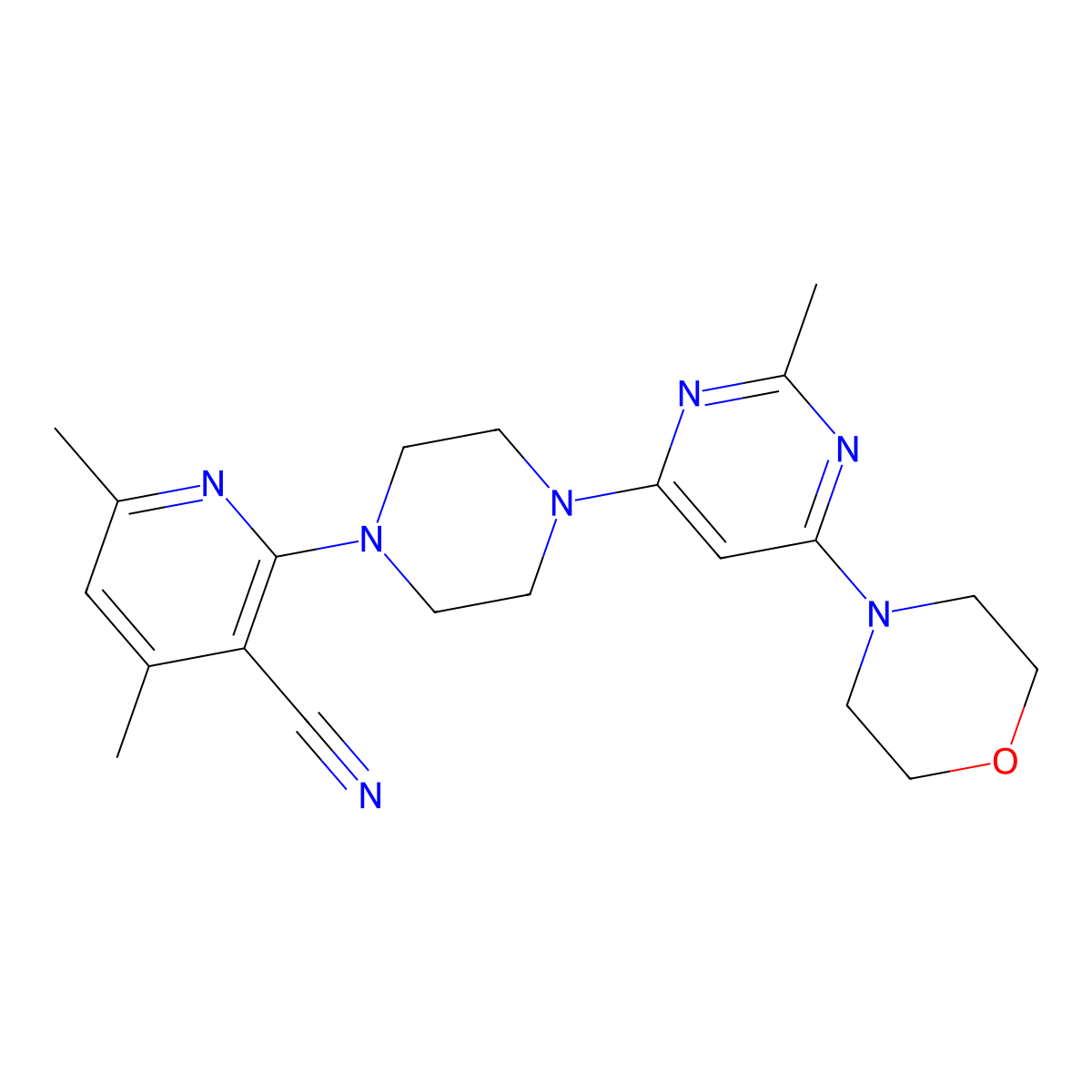 4,6-Dimethyl-2-{4-[2-methyl-6-(morpholin-4-yl)pyrimidin-4-yl]piperazin-1-yl}pyridine-3-carbonitrile molecular structure, CAS 2877664-83-8
