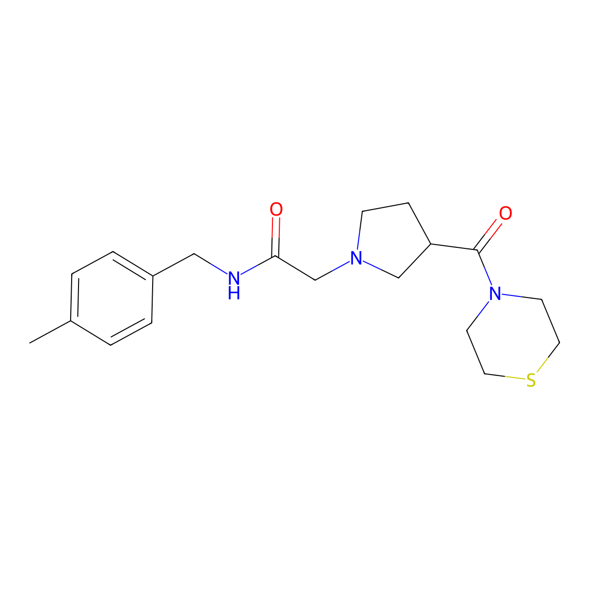 N-[(4-methylphenyl)methyl]-2-[3-(thiomorpholine-4-carbonyl)pyrrolidin-1-yl]acetamide molecular structure, CAS 2877664-88-3