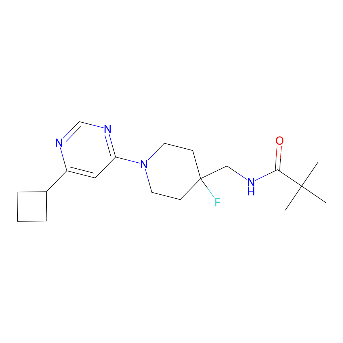N-{[1-(6-cyclobutylpyrimidin-4-yl)-4-fluoropiperidin-4-yl]methyl}-2,2-dimethylpropanamide molecular structure, CAS 2877665-88-6