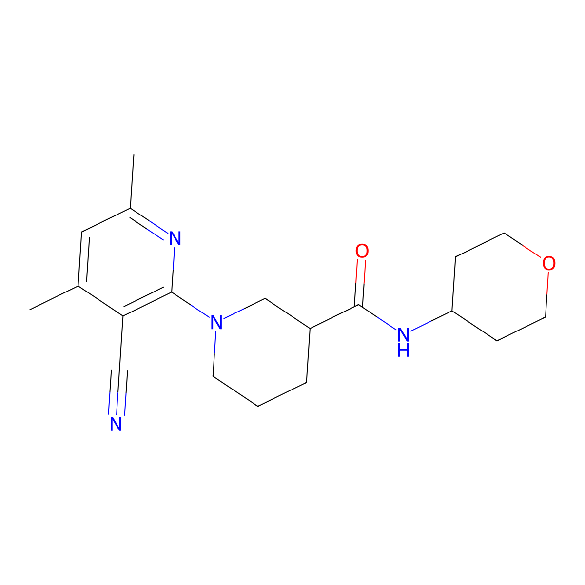 1-(3-cyano-4,6-dimethylpyridin-2-yl)-N-(oxan-4-yl)piperidine-3-carboxamide molecular structure, CAS 2877665-95-5
