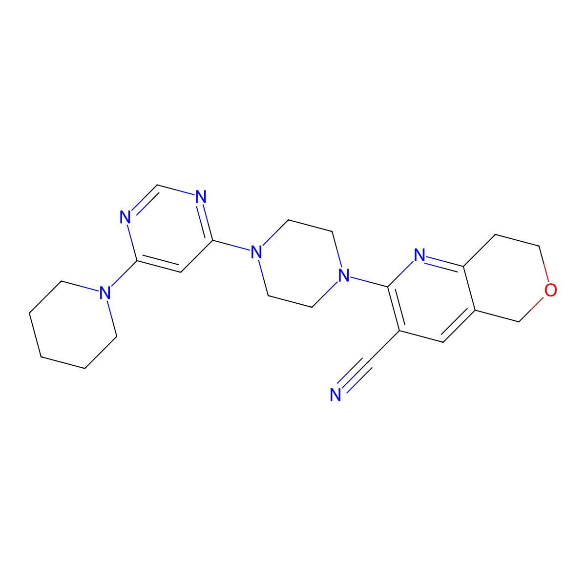 2-{4-[6-(piperidin-1-yl)pyrimidin-4-yl]piperazin-1-yl}-5H,7H,8H-pyrano[4,3-b]pyridine-3-carbonitrile molecular structure, CAS 2877665-96-6