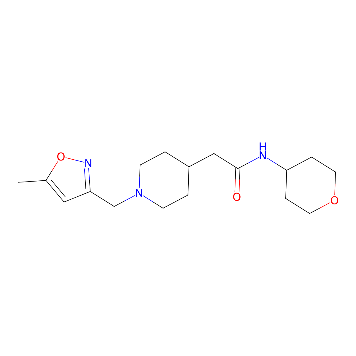 2-{1-[(5-methyl-1,2-oxazol-3-yl)methyl]piperidin-4-yl}-N-(oxan-4-yl)acetamide molecular structure, CAS 2877666-03-8