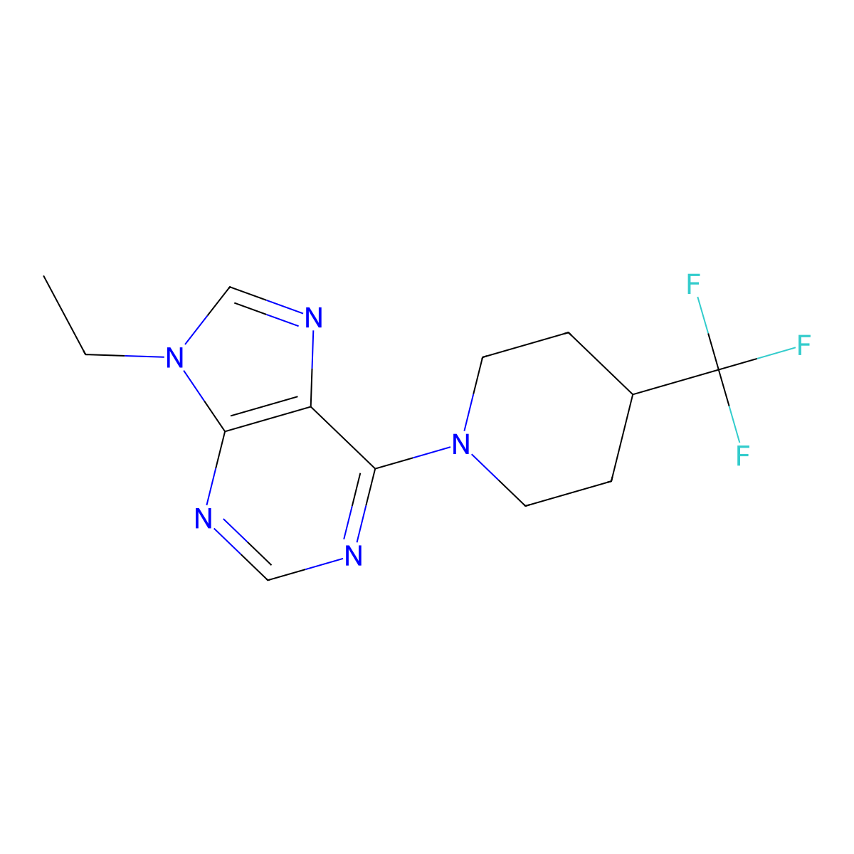 9-ethyl-6-[4-(trifluoromethyl)piperidin-1-yl]-9H-purine molecular structure, CAS 2877666-08-3