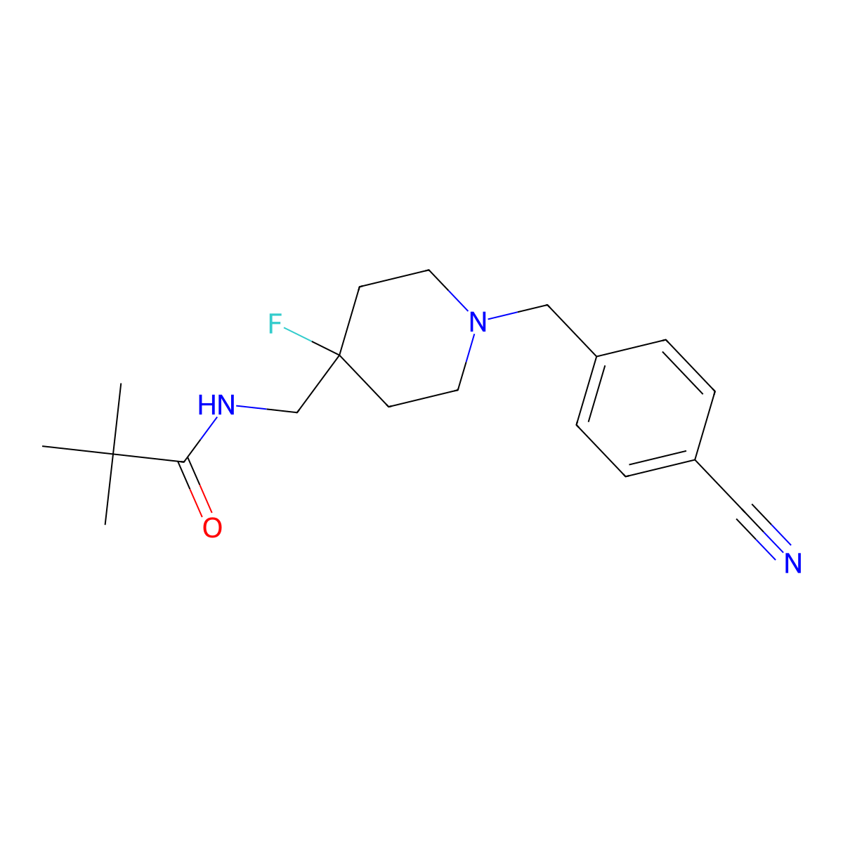 N-({1-[(4-cyanophenyl)methyl]-4-fluoropiperidin-4-yl}methyl)-2,2-dimethylpropanamide molecular structure, CAS 2877666-11-8