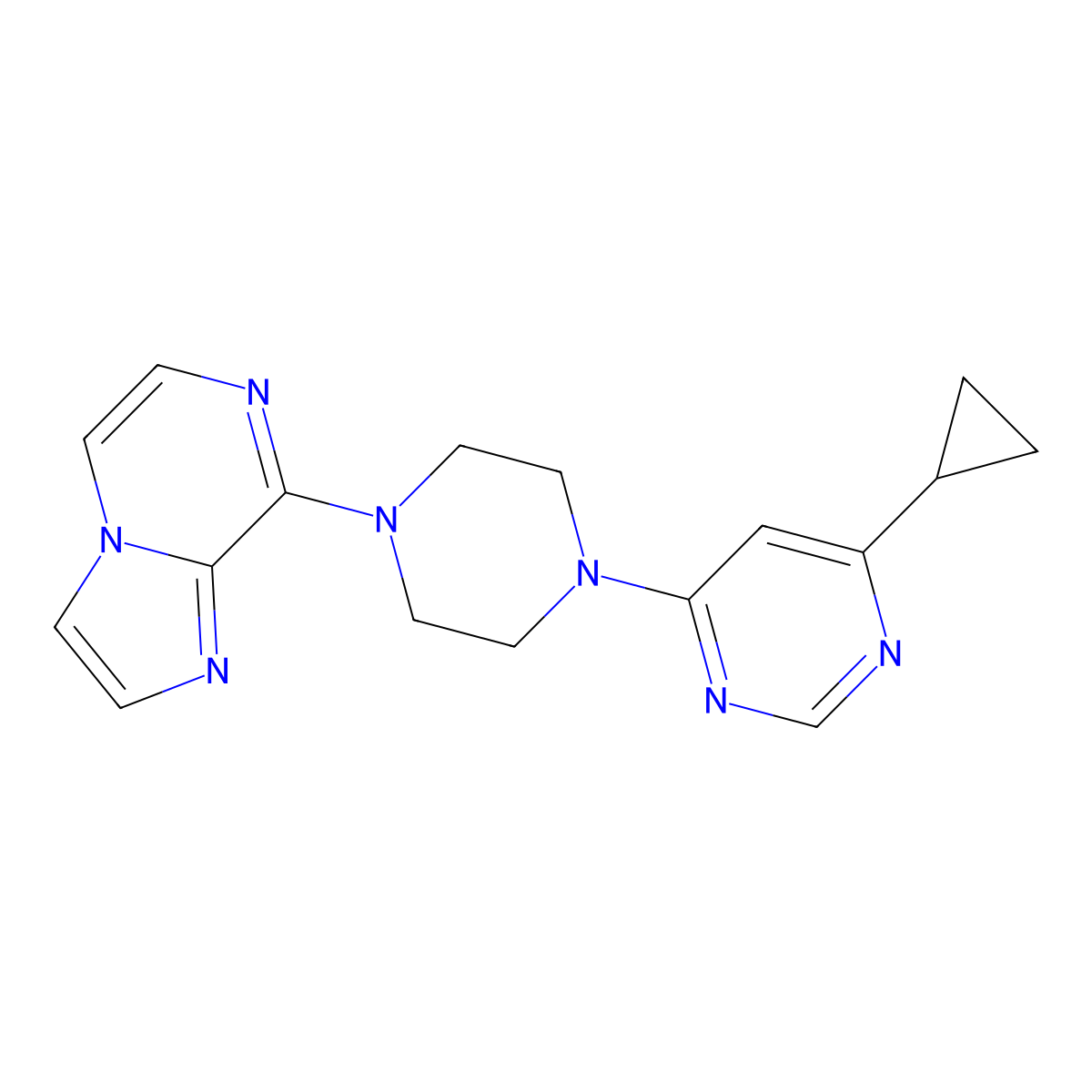 4-Cyclopropyl-6-(4-{imidazo[1,2-a]pyrazin-8-yl}piperazin-1-yl)pyrimidine molecular structure, CAS 2877666-12-9