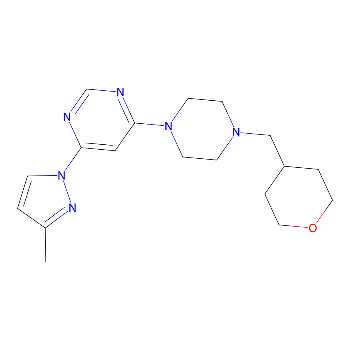 4-(3-methyl-1H-pyrazol-1-yl)-6-{4-[(oxan-4-yl)methyl]piperazin-1-yl}pyrimidine molecular structure, CAS 2877666-14-1