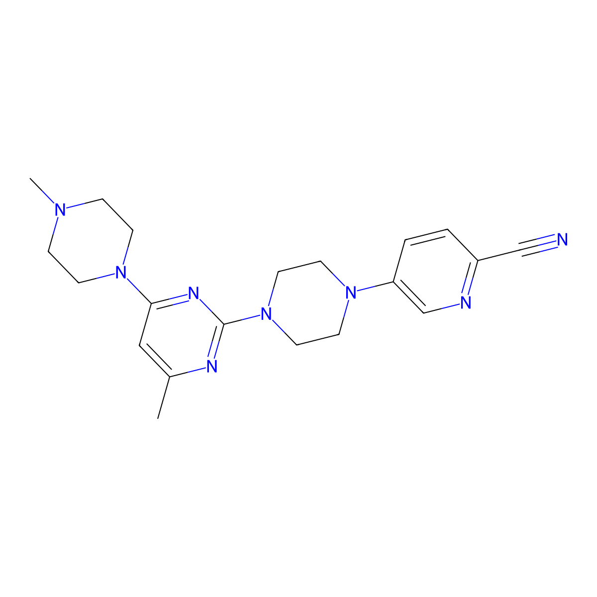 5-{4-[4-Methyl-6-(4-methylpiperazin-1-yl)pyrimidin-2-yl]piperazin-1-yl}pyridine-2-carbonitrile molecular structure, CAS 2877666-15-2