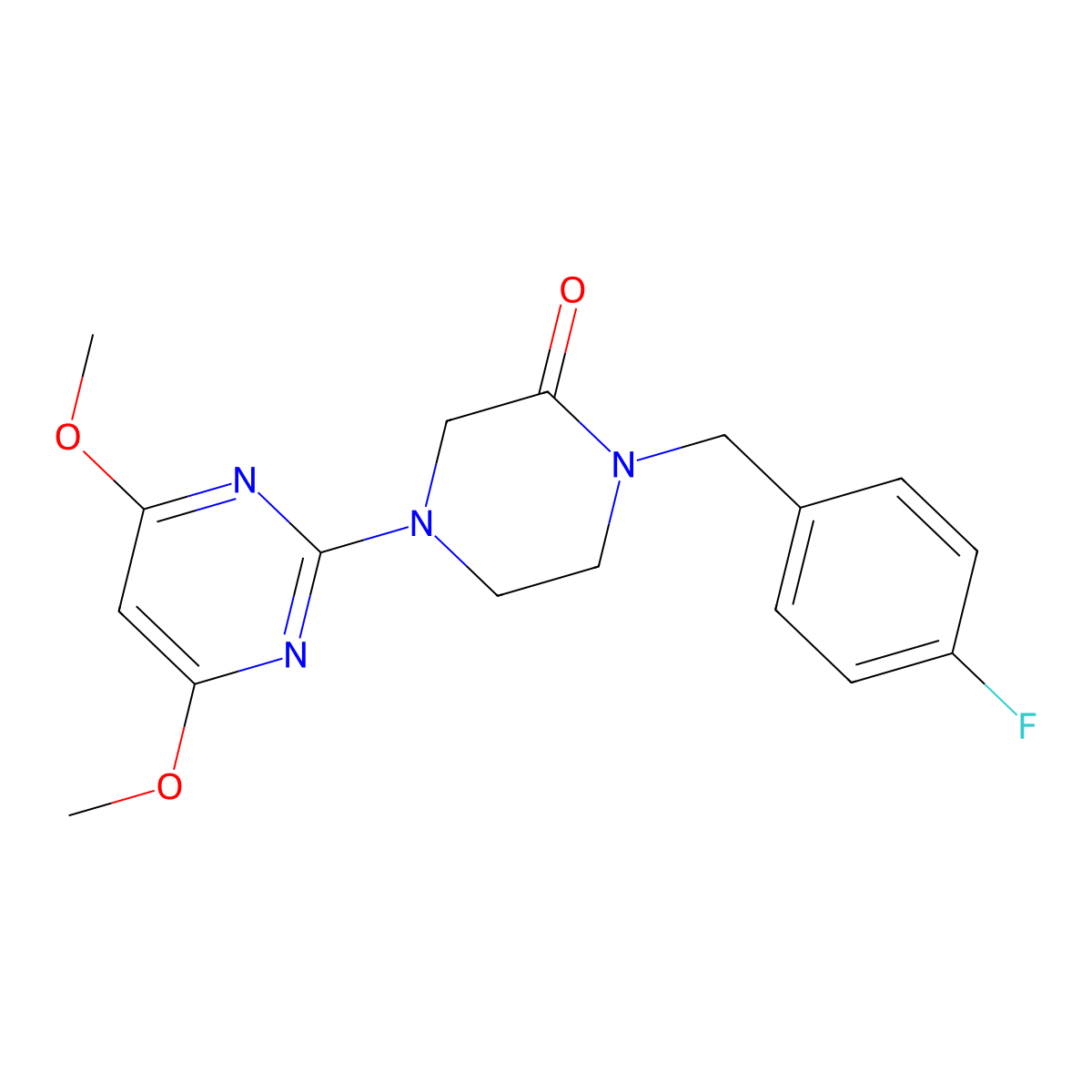 4-(4,6-Dimethoxypyrimidin-2-yl)-1-[(4-fluorophenyl)methyl]piperazin-2-one molecular structure, CAS 2877666-22-1