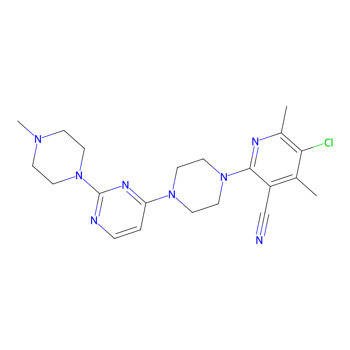 5-Chloro-4,6-dimethyl-2-{4-[2-(4-methylpiperazin-1-yl)pyrimidin-4-yl]piperazin-1-yl}pyridine-3-carbonitrile molecular structure, CAS 2877666-23-2