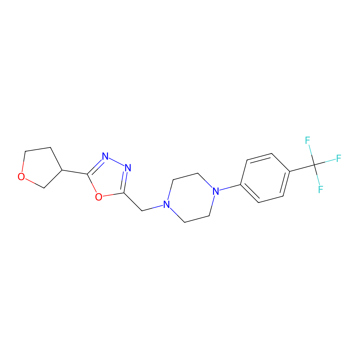 1-{[5-(Oxolan-3-yl)-1,3,4-oxadiazol-2-yl]methyl}-4-[4-(trifluoromethyl)phenyl]piperazine molecular structure, CAS 2877666-24-3