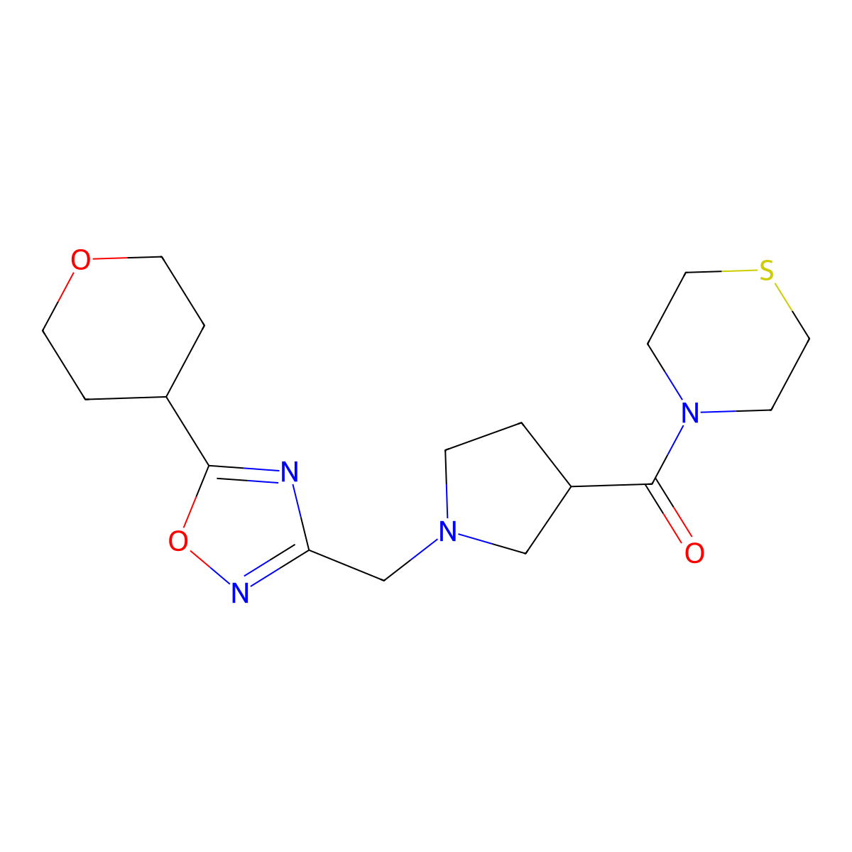4-(1-{[5-(Oxan-4-yl)-1,2,4-oxadiazol-3-yl]methyl}pyrrolidine-3-carbonyl)thiomorpholine molecular structure, CAS 2877666-28-7