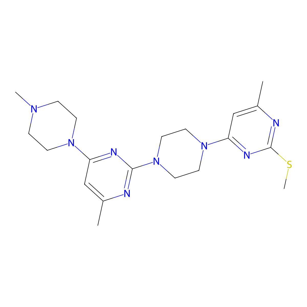 4-Methyl-2-{4-[6-methyl-2-(methylsulfanyl)pyrimidin-4-yl]piperazin-1-yl}-6-(4-methylpiperazin-1-yl)pyrimidine molecular structure, CAS 2877666-32-3