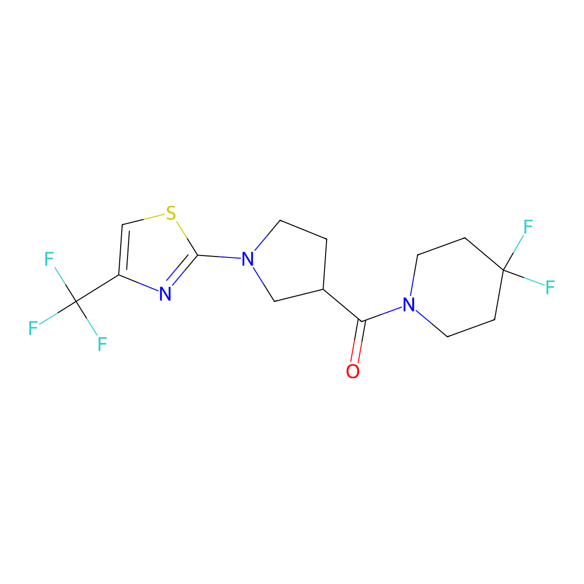 4,4-Difluoro-1-{1-[4-(trifluoromethyl)-1,3-thiazol-2-yl]pyrrolidine-3-carbonyl}piperidine molecular structure, CAS 2877666-36-7
