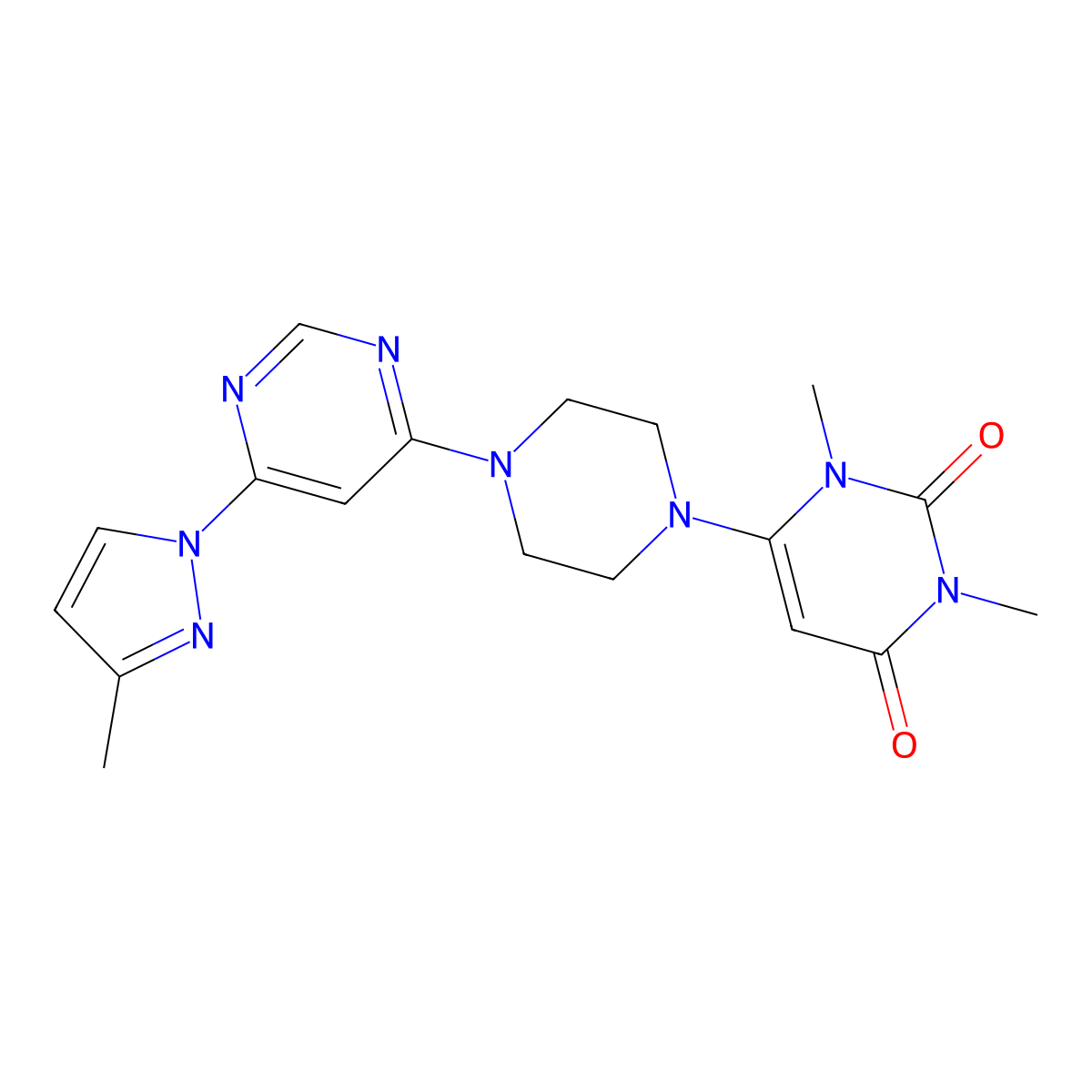 1,3-dimethyl-6-{4-[6-(3-methyl-1H-pyrazol-1-yl)pyrimidin-4-yl]piperazin-1-yl}-1,2,3,4-tetrahydropyrimidine-2,4-dione molecular structure, CAS 2877666-40-3